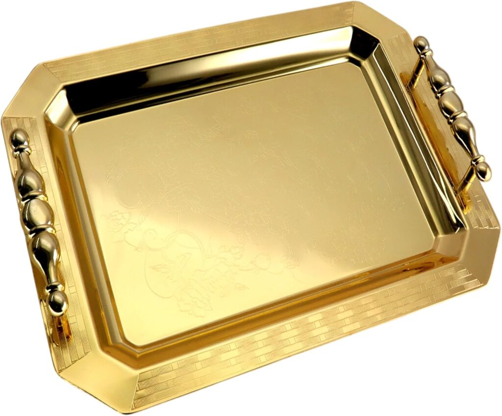 14 inch x 9.8 inch Octagonal Iron Gold Serving Tray with Handles Edge Vintage Floral Engraved Holiday Decor Wedding Birthday Snack Wine Candle Platter Plate Party Base FST-056