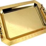 14 inch x 9.8 inch Octagonal Iron Gold Serving Tray with Handles Edge Vintage Floral Engraved Holiday Decor Wedding Birthday Snack Wine Candle Platter Plate Party Base FST-056