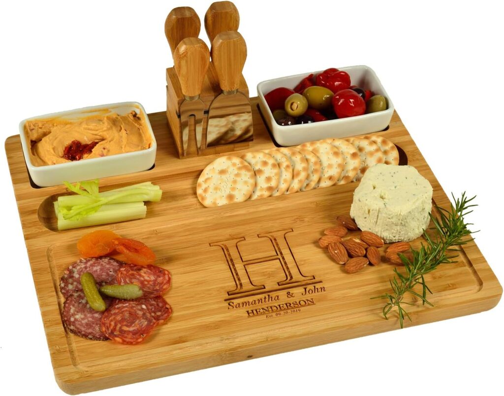 Picnic at Ascot Custom Personalized Engraved Bamboo Cheese/Charcuterie Cutting Board with Ceramic Bowls, Cheese Tools & Cheese Markers-Designed & Quality Checked in USA