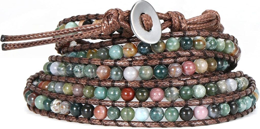 Emibele Layered Leather Bracelet, Rivet Leopard Print Bohemian Style Multilayer Wrap Bracelet, Handmade Agate Amethyst Chakra Crystal Glass Beaded Shell Bracelet for Women