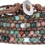 Emibele Layered Leather Bracelet, Rivet Leopard Print Bohemian Style Multilayer Wrap Bracelet, Handmade Agate Amethyst Chakra Crystal Glass Beaded Shell Bracelet for Women