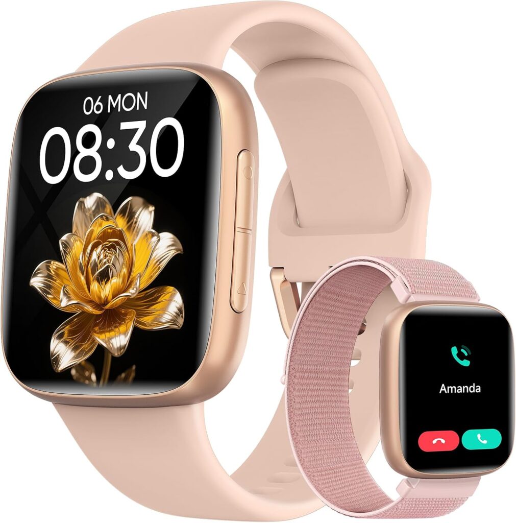 Smart Watch for Women, 1.85″ AMOLED Ultra-Clear Screen Smartwatch Compatible iPhone/Samsung/Android, 100+ Sport Modes Fitness Tracker with Heart Rate/SpO2/Sleep Monitor, 3ATM Waterproof, 2 Bands