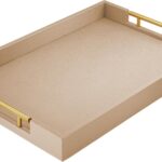 17″ x 12″ Wood Serving Tray with Gold Polished Metal Handles, Home Decorative Wooden Rectangle Ottoman Leather Decor Platter Bathroom Vanity Tray for All Occasions Khaki
