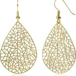 Gold Silver Rose Gold Filigree Leaf Teardrop Drop Dangle Earrings for Women Trendy