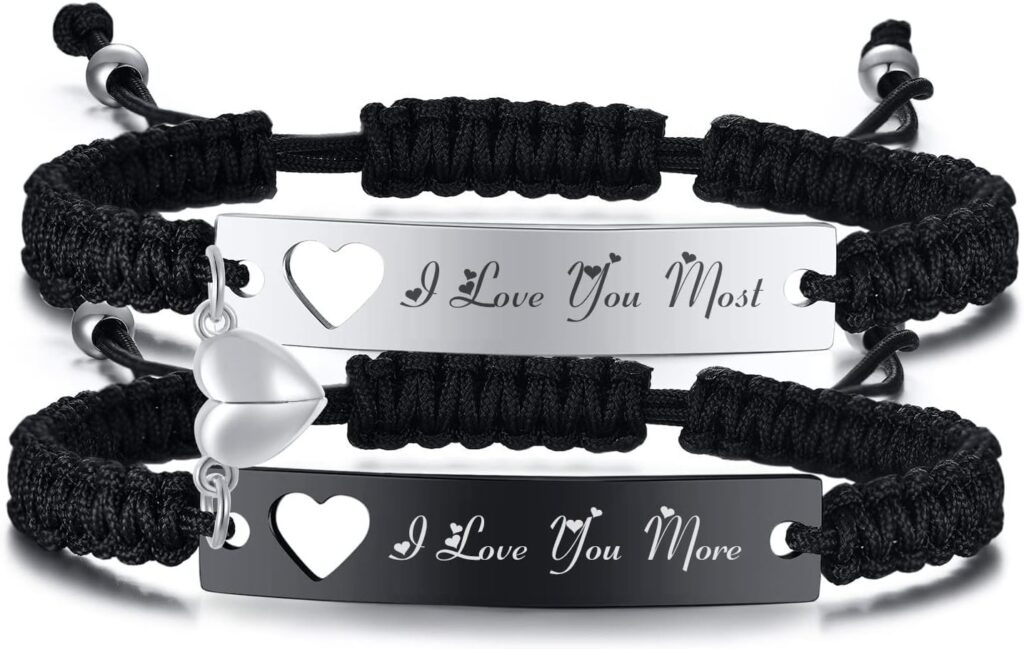 MPRAINBOW Personalized Braided Couples Bracelet：Custom Name Promise Words Engraved Bracelets Attraction Relationship Bracelets for Him and Her