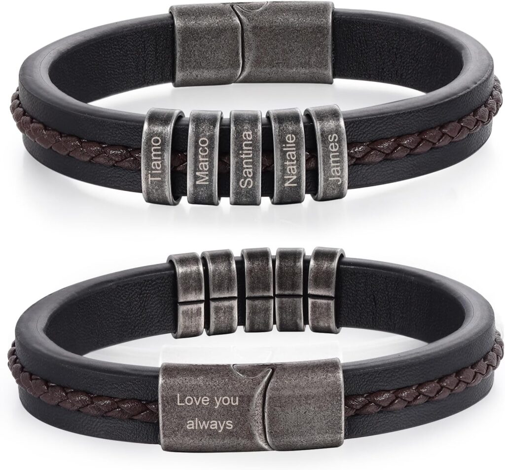 Personalized Custom Name Bracelets for Men – Mens Leather Bracelet with 2-5 Kids Names Customized Gifts for Dad Husband Son