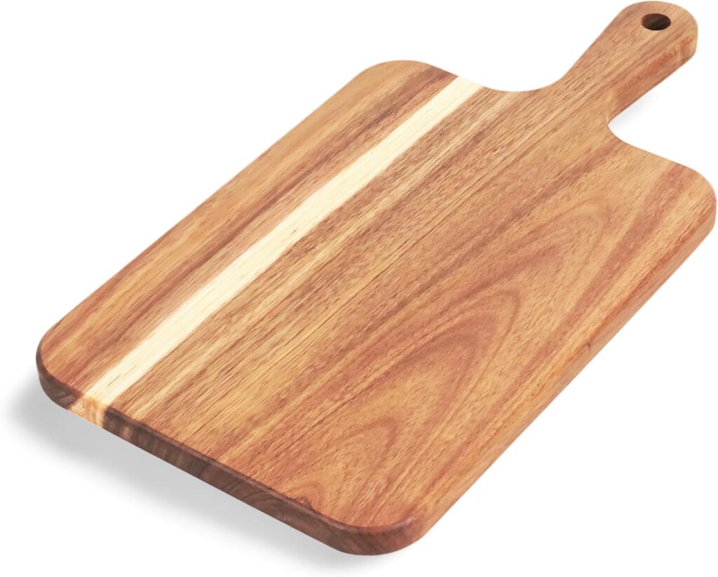 Acacia Wood Cutting Board with Handle, Wooden Cutting Boards, Chopping Board, Charcuterie Board, Serving board for Cheese, Bread, Pizza, Vegetables & Fruits (1, 13.8″L x 7″W)