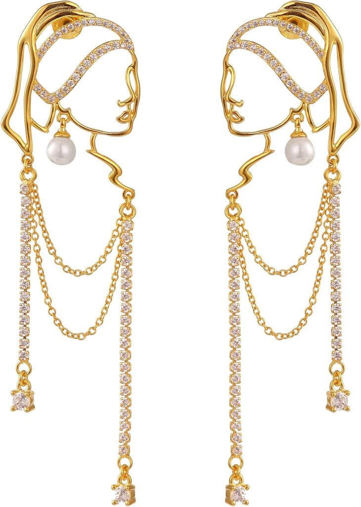 Unique Abstract Face Art | Dangle Statement Long Earrings for Women | Rhinestone Tassel Handmade Chandelier Earrings