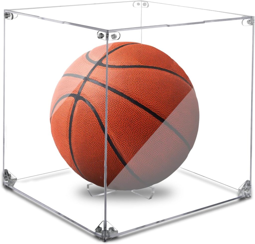 Cosmos Basketball Display Case Soccer Ball Display Stand Holder – Acrylic Sports Ball Storage Box for Autographed Collectibles, Memorabilia, Keepsake, Action Figure & Sports Fan Decor, 10″ Cube Size