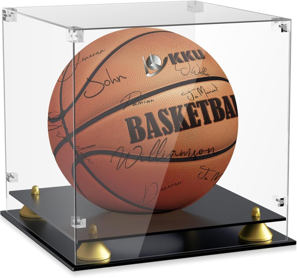 KKU Acrylic Basketball Display Case, Clear Full Size Basketball Case Display, Double Tier Black Basketball Display Stand for Autographed Basketball Display (Watch The Video to Assemble)