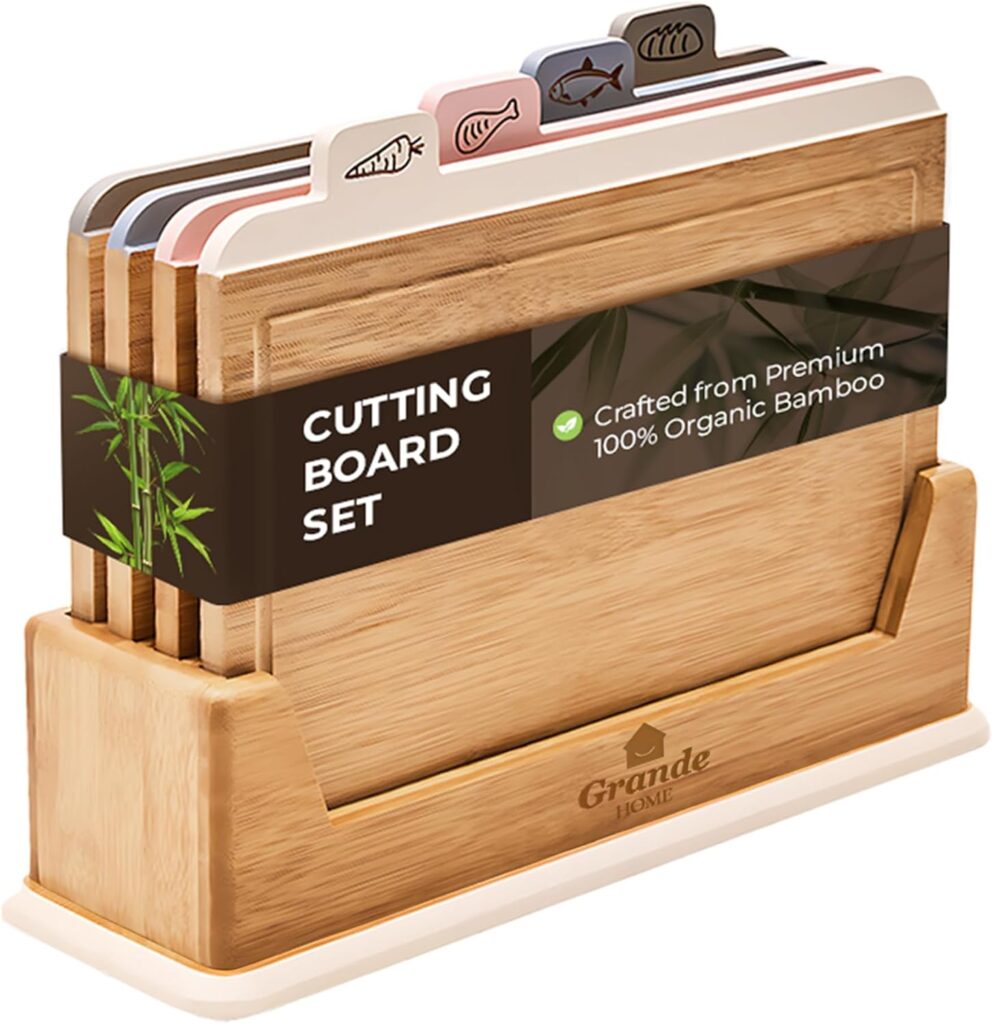 Wooden Cutting Boards for Kitchen – 5-Pcs Cutting Board Set with Holder – Natural Bamboo Chopping Board with Juice Groove – Ideal for Vegetables, Meat, Fish, Bread.
