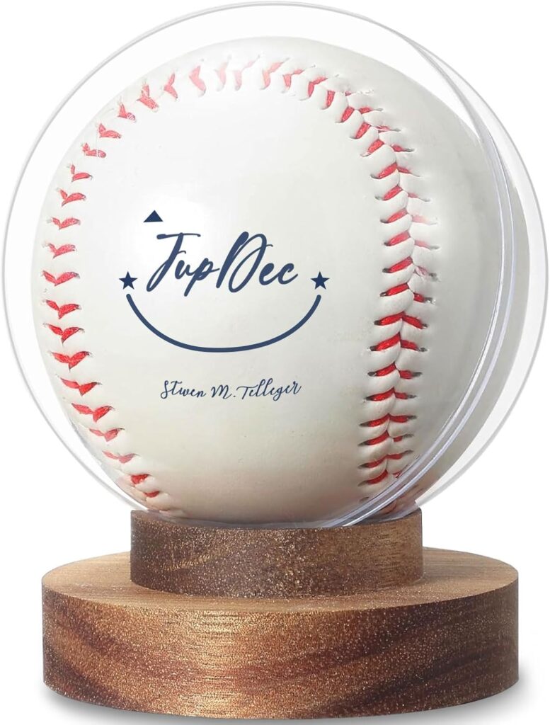 JupDec Baseball Display Case, Round Clear Ball Holder with Wooden Base, Autograph Baseball Stand Box for Single Ball, Acacia Wood, Brown