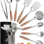 Home Hero Stainless Steel Kitchen Utensils Set – Wood Handle Nonstick Stainless Steel Cooking Utensils Set – Heat Resistant Kitchen Essentials & Metal Kitchen Gadgets (Silver & Wood)