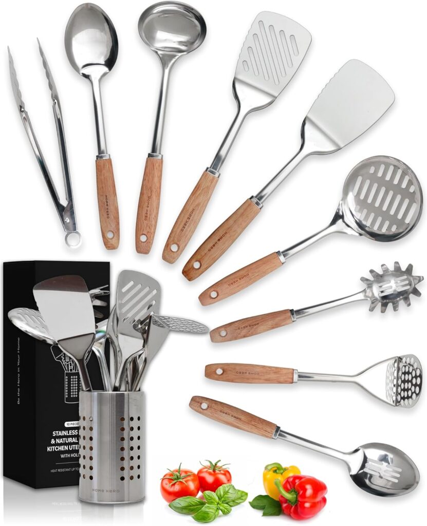 Home Hero Stainless Steel Kitchen Utensils Set – Wood Handle Nonstick Stainless Steel Cooking Utensils Set – Heat Resistant Kitchen Essentials & Metal Kitchen Gadgets (Silver & Wood)