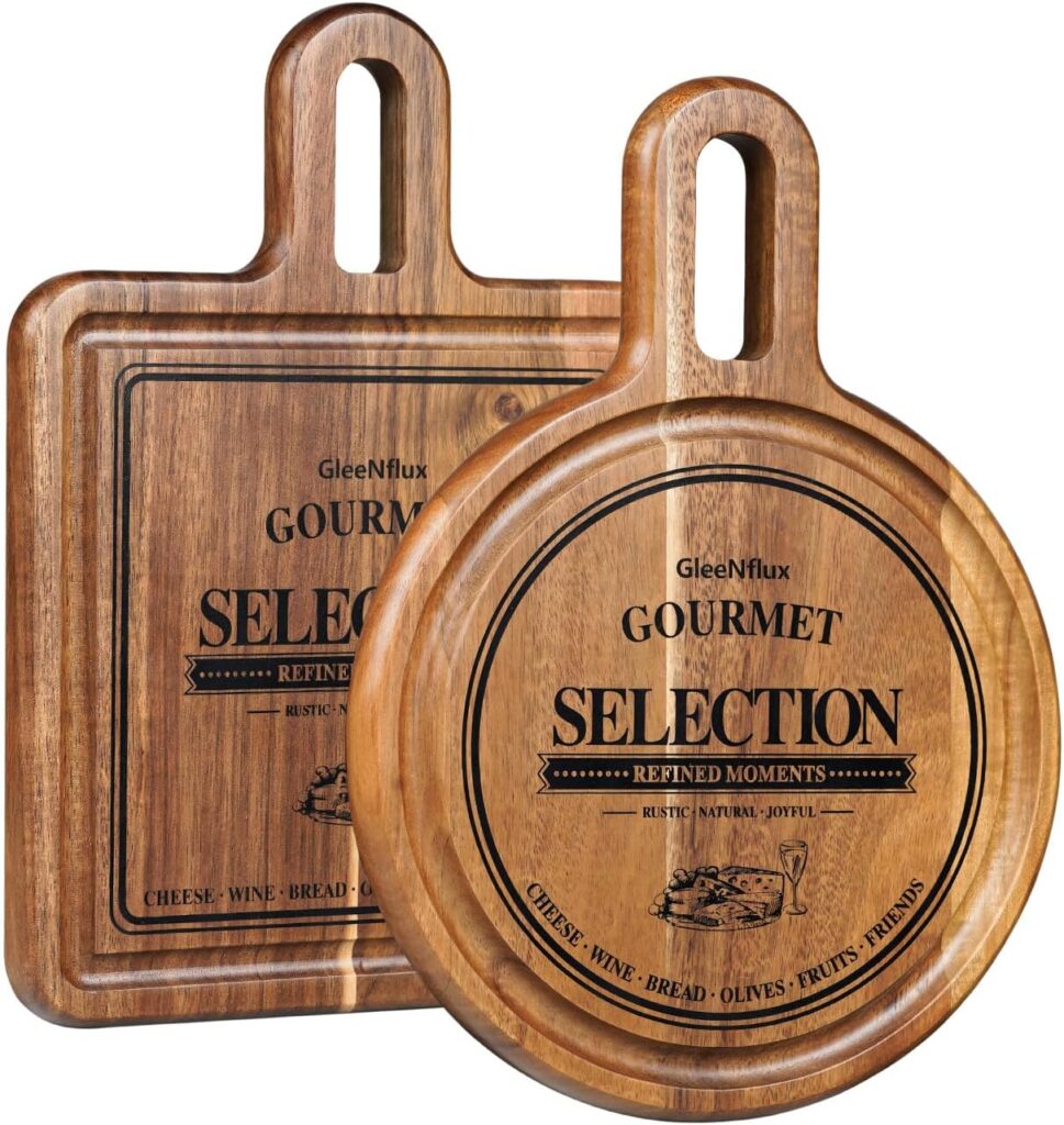 Acacia Cheese Board and Small Cutting Board Set with Groove, Round & Square Wooden Charcuterie Serving Boards for Cheese, Meat, Bread, Fruit – Kitchen & Gift Set