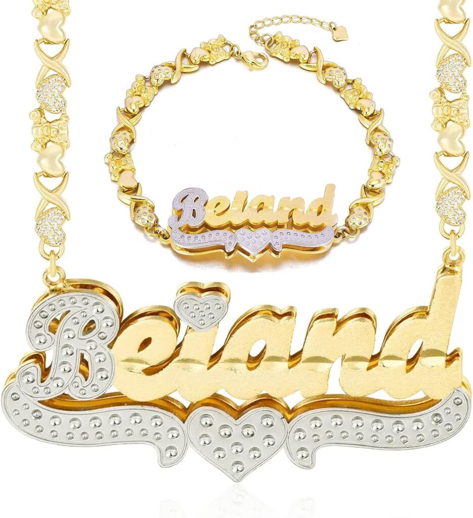 Jewelry Set Name Necklace Personalized Name Bracelet with Heart 18K Gold-Plated Double Plated Custom Name Necklace for Women as a Gift