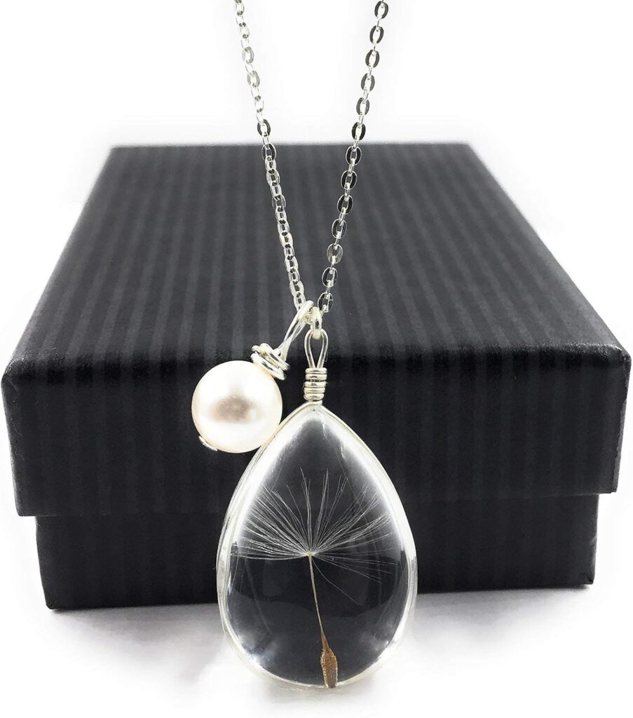 Popular Glass Dandelion Wish Pendant Necklace with Crystal Pearl Charm on 18 Inch Sterling Silver Chain, Beautifully Elegant Gift, by Aimee Tresor Jewelry