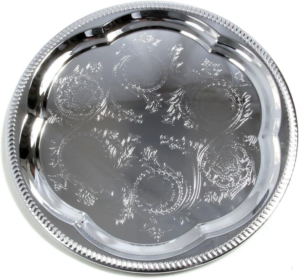 13.8 inch x 13.8 inch Round Chrome Plated Silver Serving Tray Stylish Floral Engraved Decorative Party Wedding Dessert Buffet Decor Platter Plate NC-253