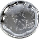 13.8 inch x 13.8 inch Round Chrome Plated Silver Serving Tray Stylish Floral Engraved Decorative Party Wedding Dessert Buffet Decor Platter Plate NC-253