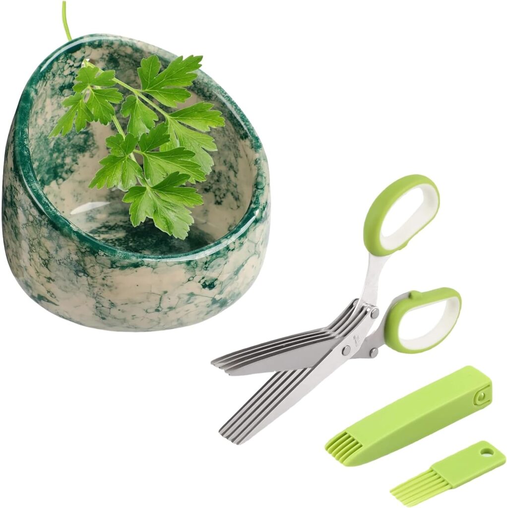 Pottery Herb Stripper Bowl Set – 2 Piece, Including 5-Blade Stainless Steel Herb Cutter Scissors, Herb Stripping Tool & Handmade Pottery Herb Stripper Bowl, For Stripping Leaves and Rhizomes (Green)