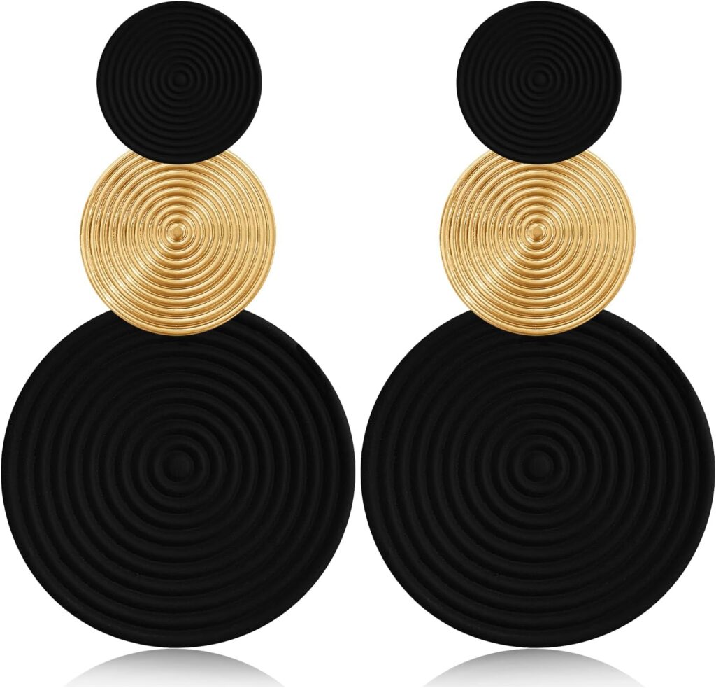 Handmade Long Round Alloy Dangle Drop Earrings – Statement 60s 70s 80s Vintage Gold Disk Round Disc Earrings – Boho Lightweight Summer Beach Jewelry Earring for Women