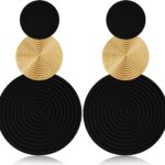 Handmade Long Round Alloy Dangle Drop Earrings – Statement 60s 70s 80s Vintage Gold Disk Round Disc Earrings – Boho Lightweight Summer Beach Jewelry Earring for Women