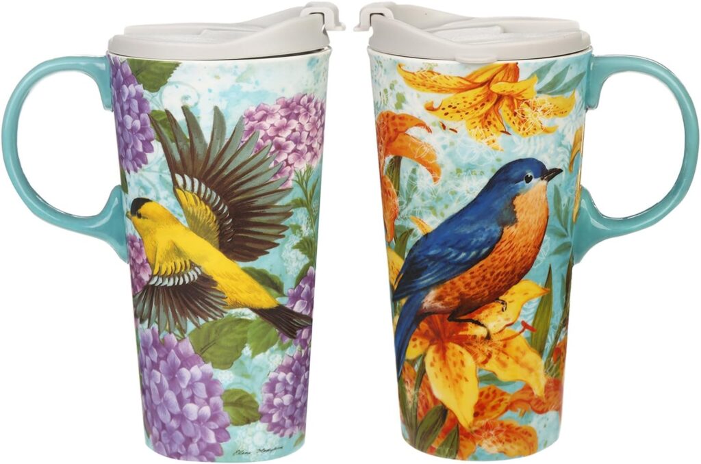 CEDAR HOME Coffee Ceramic Mug Porcelain Latte Tea Cup With Lid 17oz. Goldfinches, Set of 2
