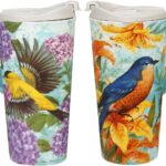 CEDAR HOME Coffee Ceramic Mug Porcelain Latte Tea Cup With Lid 17oz. Goldfinches, Set of 2
