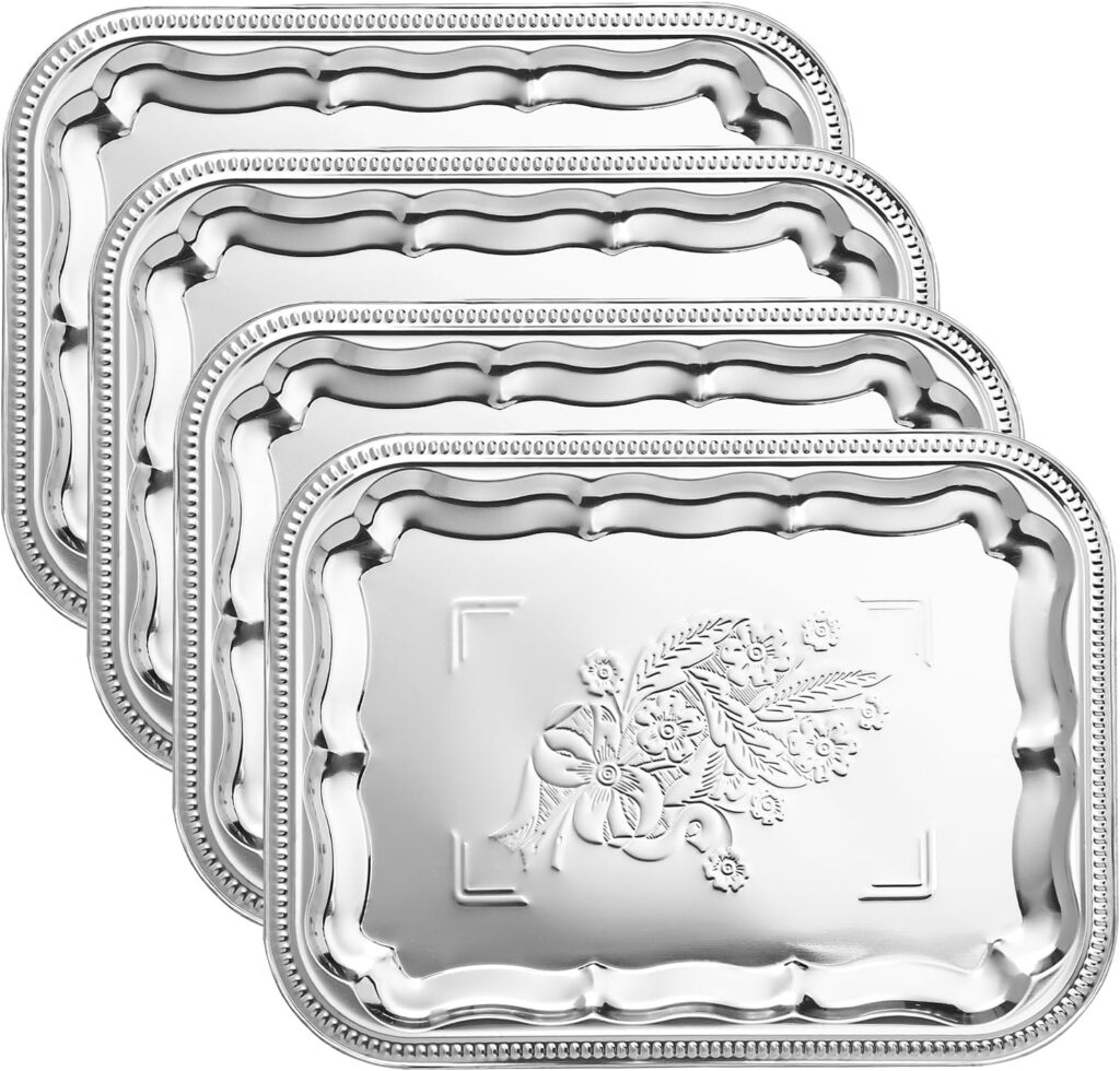 4-Pack 15.7″ x 11.8″ Large Silver Serving Trays Set – Floral Pattern Engraved Mirror Tray, Holiday & Party Tableware Platters for Whiskey, Cookies, Charcuterie, Snacks, Desserts, Party Food Display