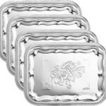 4-Pack 15.7″ x 11.8″ Large Silver Serving Trays Set – Floral Pattern Engraved Mirror Tray, Holiday & Party Tableware Platters for Whiskey, Cookies, Charcuterie, Snacks, Desserts, Party Food Display