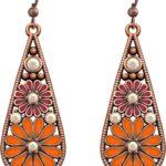 Handmade Bohemian Tribal Retro Copper Crystal Teardrop Dangle Drop Earrings National Style Geometry Colorful Enamel Flower Hook Earrings for Women