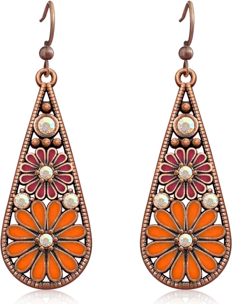 Handmade Bohemian Tribal Retro Copper Crystal Teardrop Dangle Drop Earrings National Style Geometry Colorful Enamel Flower Hook Earrings for Women