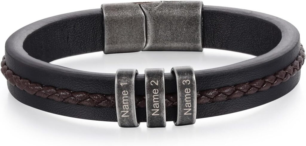 Jeweidea Personalized Leather Bracelet with Name Beads, Custom Braided Bangle Father’s Day Engraved Jewelry Gifts for Men Dad Him Husband