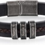 Jeweidea Personalized Leather Bracelet with Name Beads, Custom Braided Bangle Father’s Day Engraved Jewelry Gifts for Men Dad Him Husband