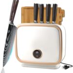 Kitchen Knife Block Set 4 Professional Damascus Knives,Beautiful Intelligent Knife Block 110V 70℃Hot Air Drying Cleanliness,with Raw Food Cooked Food Cutting Boards,4 Kitchen Utensils