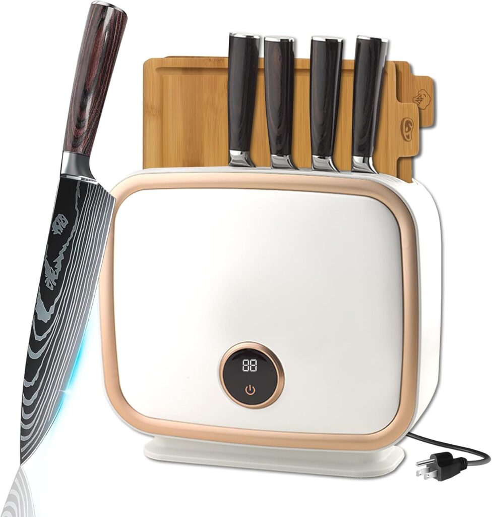 Kitchen Knife Block Set 4 Professional Damascus Knives,Beautiful Intelligent Knife Block 110V 70℃Hot Air Drying Cleanliness,with Raw Food Cooked Food Cutting Boards,4 Kitchen Utensils