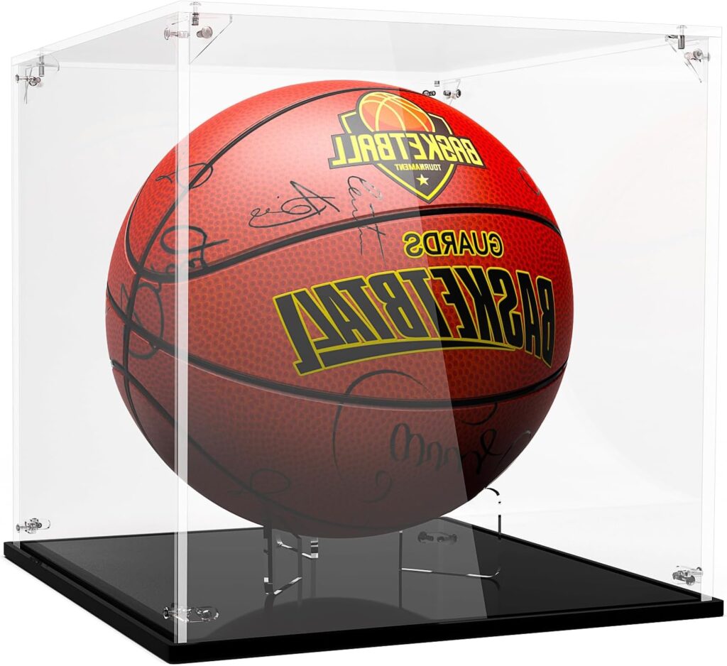 Basketball Display Case, Acrylic Basketball Stand Box and Holder, UV Protected Basketball Case Display Clear for Autographed NBA WNBA Ball, Soccer Ball, Volleyball, Memorabilia-11.5″
