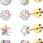 4Pairs 14K Gold Stud Earrings for Women Girls 316L Stainless Steel Hypoallergenic Earrings 20G Flat Back Handmade Nap Earrings Cute Screw Back Opal Heart Star Cartilage Earrings