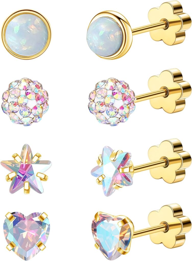 4Pairs 14K Gold Stud Earrings for Women Girls 316L Stainless Steel Hypoallergenic Earrings 20G Flat Back Handmade Nap Earrings Cute Screw Back Opal Heart Star Cartilage Earrings