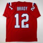 Facsimile Autographed Tom Brady New England Red Reprint Laser Auto Football Jersey Size Men’s XL