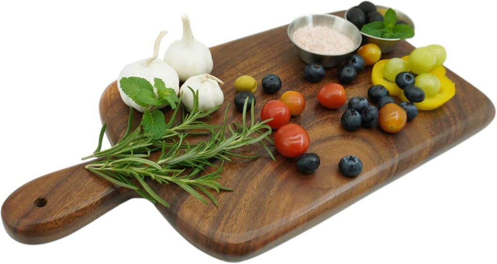 Acacia Wood Cutting Board with Handle, Handmade Solid Wood Charcuterie and Serving Board, Small Double-Sided Wooden Bread and Cheese Board for Kitchen, 15″ × 8″