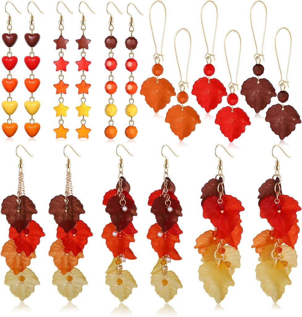 9 Pairs Thanksgiving Earrings Fall Turkey Pumpkin Leaf Charms Dangle Earrings Handmade Layered Maple Leaves Hoop Dangling Earrings Set for Women Girls Variety Pack Fun Thanksgiving Holiday Themed Color Star Heart Beads Earrings Jewelry Accessories