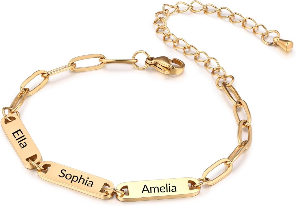 MMXX Custom Multiple Name Bracelets for Women Personalized Engraved Name Date or Initial Paperclip Chain Bracelet Cute Jewelry Gift for Mom Couples Sisters & Friends