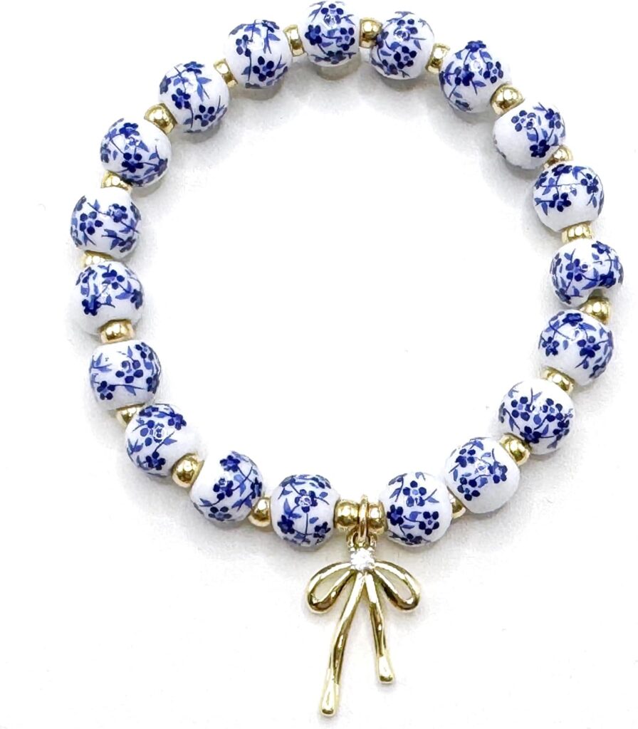 Vintage Beaded Charm Bracelet for Women – Handmade Stretch Floral Bow Design, Dainty Jewelry Gift for Her, Adjustable Romantic Bracelets for Everyday Wear