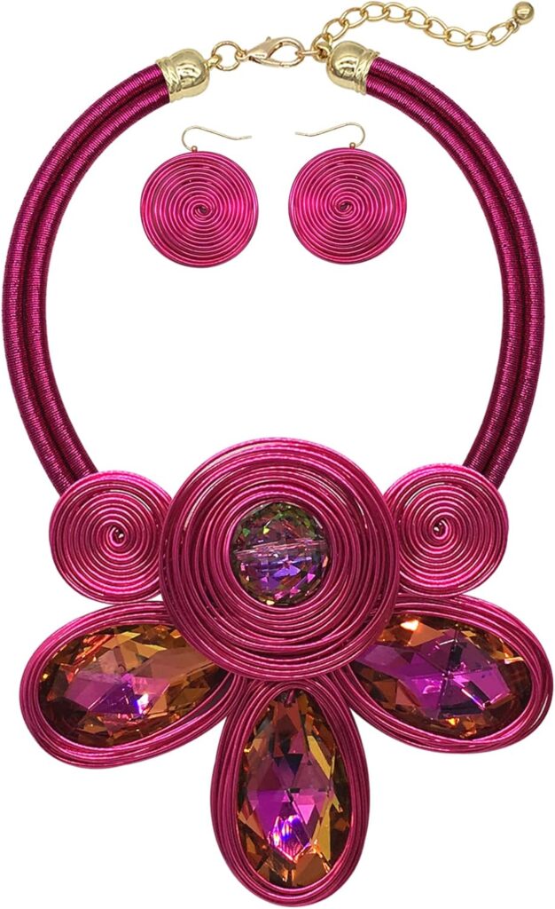 Chunky African Statement Necklace For Women Tribal Fashion Costume Jewelry Earring Sets Unique Colorful Big Rhinestone Crystal Pendent Collar Choker Bib Handmade