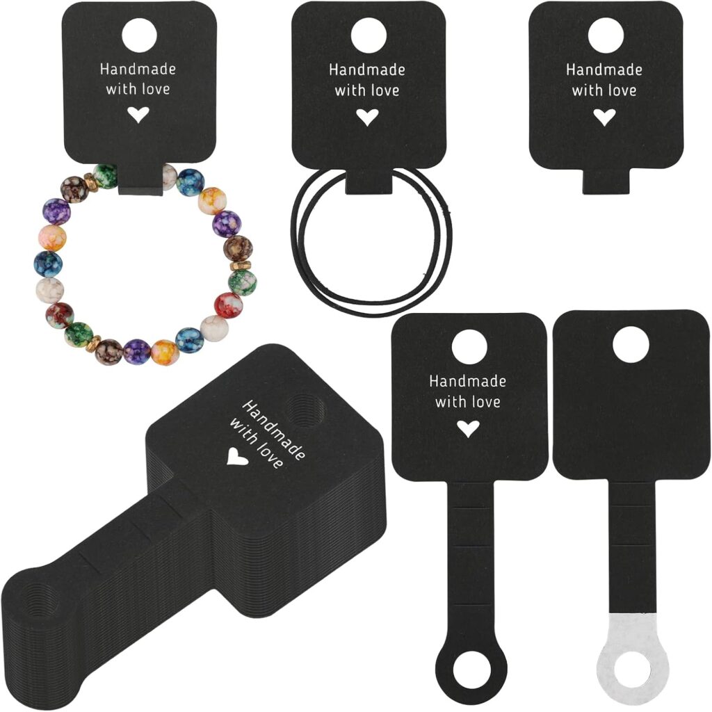 joycraft 100Pcs Self Adhesive Bracelet Display Cards,Black Handmade with Love Blank Cards, Jewelry Packaging for Selling, Hanging Display Cards for Jewelry, Bracelet, and Necklace(4“x1.5