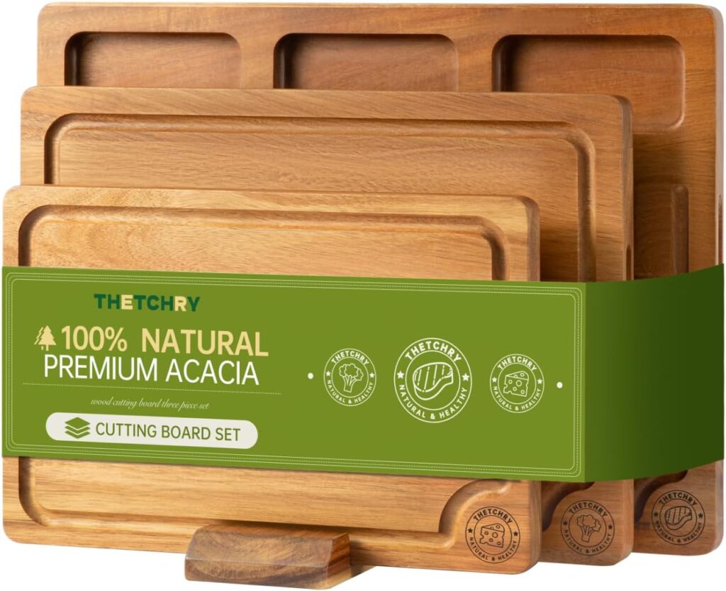 Acacia Wood Cutting Board Set,Thick Wooden Cutting Board for Kitchen with Holder,Chopping Board with Deep Grooves&Built-in Handles, Wooden Charcuterie Board Trays for Meat,Fruit,Cheese