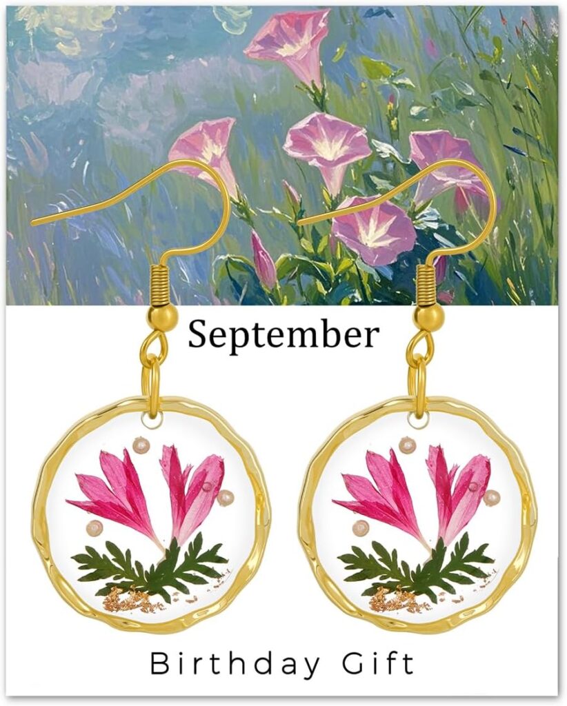 Birth Flower Earrings for Women Handmade Month Real Pressed Earrings Unique Resin Dangle Plant Earrings Dry Flowers Great Present For Birthday,Party, Christmas