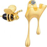 Lotus Fun S925 Sterling Silver Earrings Bee and Dripping Honey Asymmetric Stud Earrings for Women, Creative Handmade Unique Jewelry Gifts