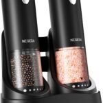 Electric Salt and Pepper Grinder Set with Rechargeable Base – Automatic Refillable Electric Salt and Pepper Shakers with Large Capacity, LED Light & Adjustable Coarseness, Black